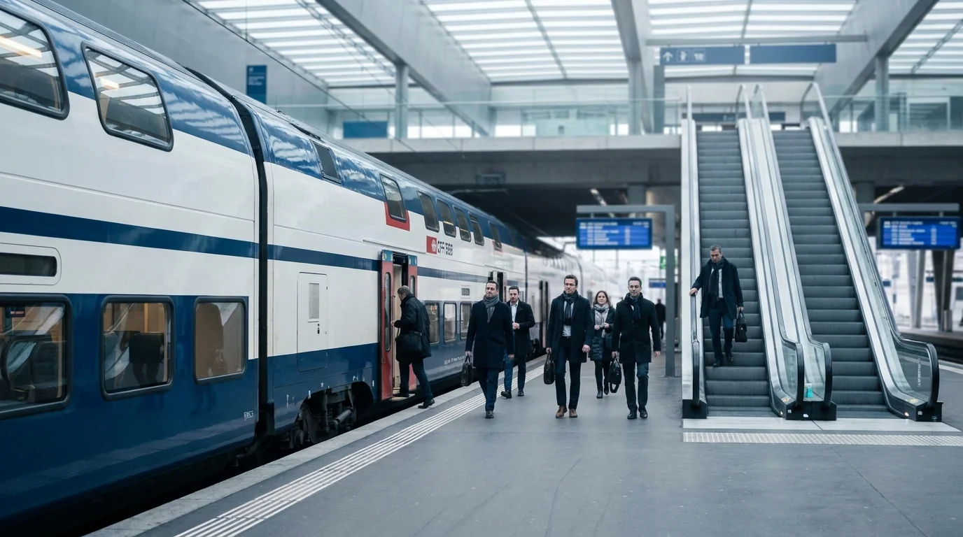 Léman Express en gare de Cornavin, voyageurs frontaliers descendant du train